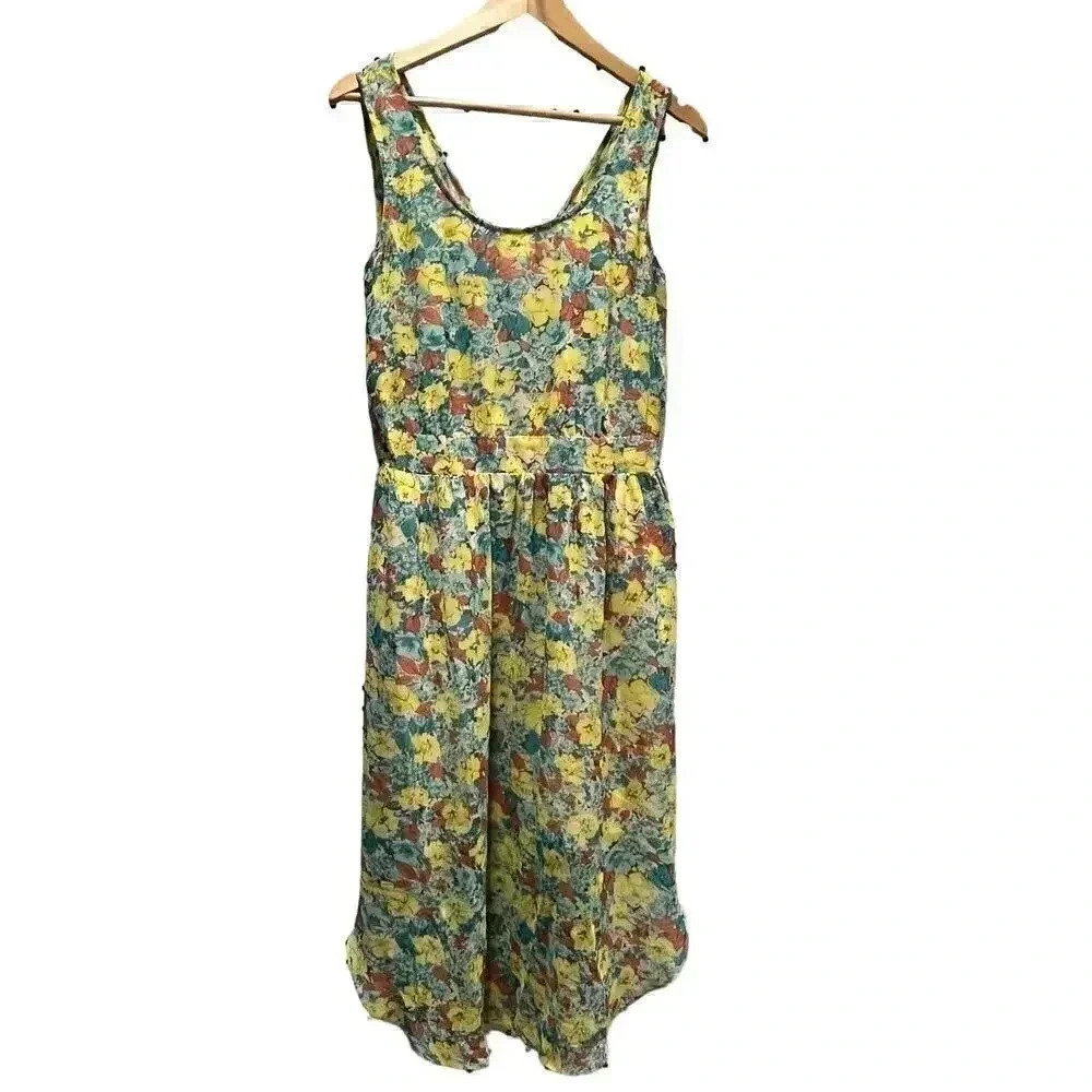 BCBGMAXAZRIA Floral Yellow, Blue,‎ Orange Midi Short Sleeve Dress Medium